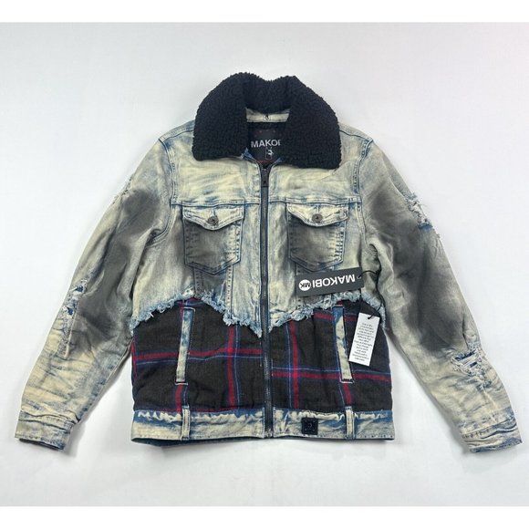 Makobi Mens Small Blue Plaid Full Zip Denim Jean Sherpa Jacket Distressed M1035 - Picture 1 of 11